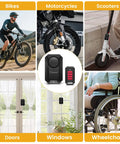 Wireless Bike Alarm With Remote For Your Ride, 135dB Anti Theft Security Alarm For Bikes, Motorcycles And E-Scooters displayed with remote