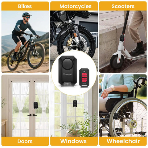 Wireless Bike Alarm With Remote For Your Ride, 135dB Anti Theft Security Alarm For Bikes, Motorcycles And E-Scooters displayed with remote