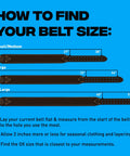 Guide to sizing for Go-To Heavy Duty Drywall Carpenter Tool Belt With 22 Pockets, showing belt length in inches for S/M, L, XL.