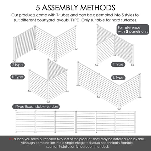 Illustration of 5 assembly methods for Outdoor Privacy Screen Kit 50 Inch Wide By 48 Inch High Black 3 Panel Fence Panels