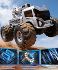 1:18 Amphibious RC Monster Car For Kids in action on sandy terrain showcasing 4WD, dual motors, and waterproof design with extra batteries.