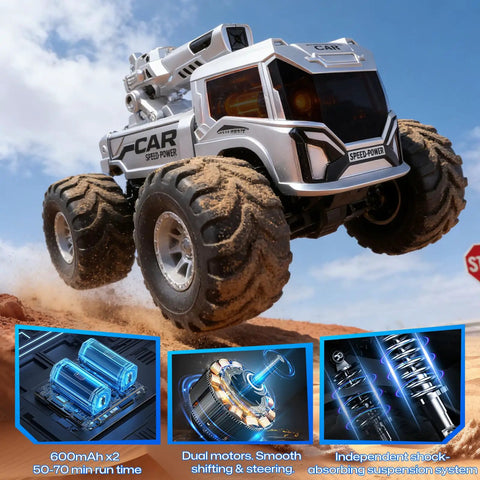 1:18 Amphibious RC Monster Car For Kids in action on sandy terrain showcasing 4WD, dual motors, and waterproof design with extra batteries.
