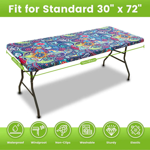Fitted Spandex Tablecloth For 6 Foot Rectangle Tables With Elastic Edge, Wrinkle Free And Washable Picnic Table Cover for 30x72 in, Paisley Pattern