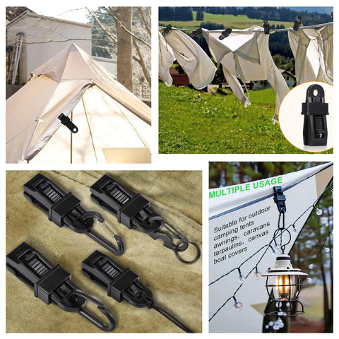 Heavy Duty Tarp Clips With Lock Grip 30 Pack used on tent, clothesline, lantern setup for camping and outdoor shade