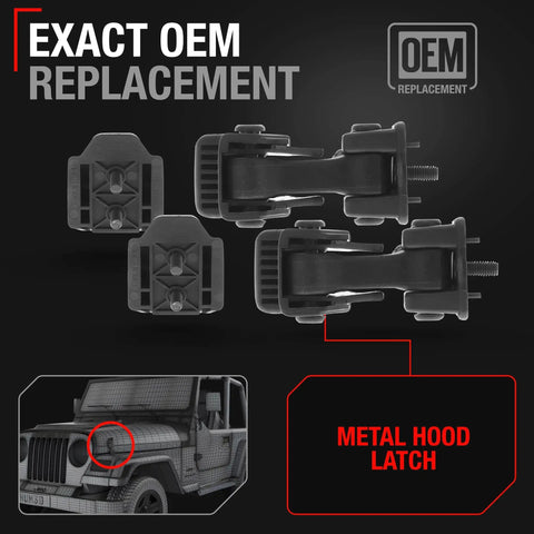 Jeep Wrangler Hood Latch Replacement Kit For Driver And Passenger Sides No-Fuss Direct OEM Fit For 1997-2006 Full Door Models Hood Lock Catch Kit Compatible With 55176428AC 55176427AD 68038118AA 42422 displayed on a dark background with metal latch parts and a Jeep model.