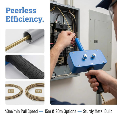 Pro Grade Power Drill Wire Puller With Heavy Duty Steel Body And Twenty Meter Fish Tape Included For Fast Track Conduit Threading No Sweat Cable Installation On Any Project Site, showing durable metal construction with a user handling it.