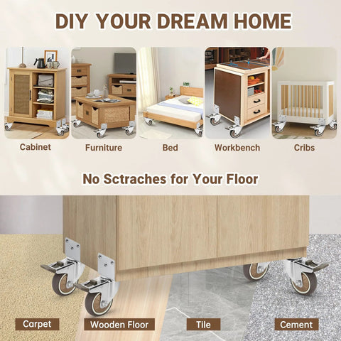WEIBIDA 3-inch side-mount caster wheels, set of 4, L-shaped, 360° swivel with locks on a wooden cabinet
