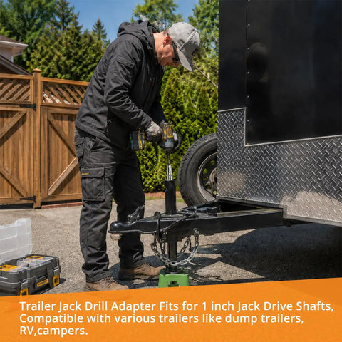 Heavy Duty Trailer Jack Drill Adapter For 1 Inch Drive Shafts With One Half Inch Socket used on a trailer hitch for leveling.