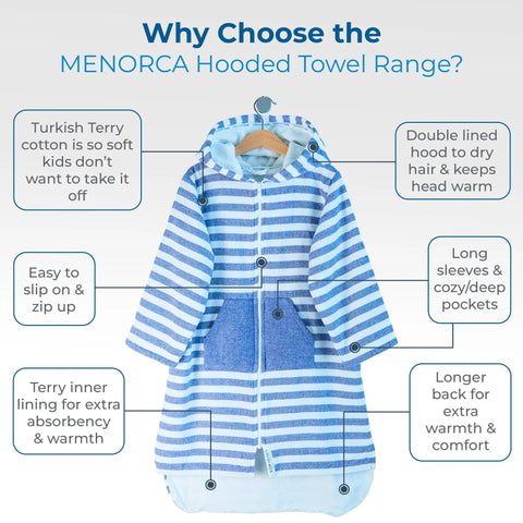 Ultra Soft Turkish Cotton Kids Bathrobe And Hooded Towel Poncho With Zip Up, Terry Lining And Pockets displayed with features