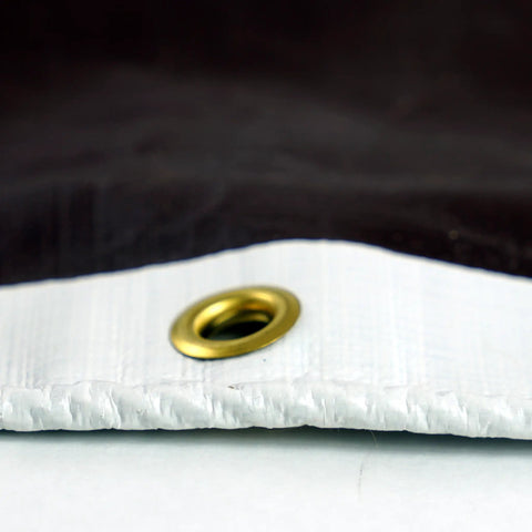 Close-up of Ultra Heavy Duty Waterproof Tarp 12 Ft By 16 Ft 16 Mil Thick with brass grommet, white and brown sides