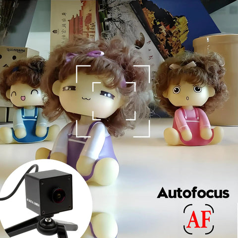 5MP USB Camera Module With Autofocus And 30FPS Wide 138 Degree Field Of View IMX335 Sensor Low Light Performance For Industrial Machine Vision UVC Plug And Play Compatibility With Windows MacOS Linux Android showcasing dolls in focus with sensor technology.