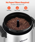 Top view of VEVOR Big Batch 40 Cup Coffee Urn with mesh filter and ground coffee, showcasing no paper filter needed.