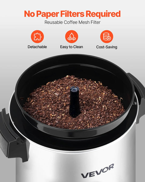 Top view of VEVOR Big Batch 40 Cup Coffee Urn with mesh filter and ground coffee, showcasing no paper filter needed.