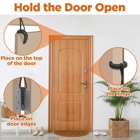 2 Pack Rock Solid Rubber Door Stop Wedges, Non Slip Security Jam Blockers With Heavy Duty Paracord Handles For First Responders, Rapid Emergency Egress And Straight Up Home Privacy, Black in use on a door.