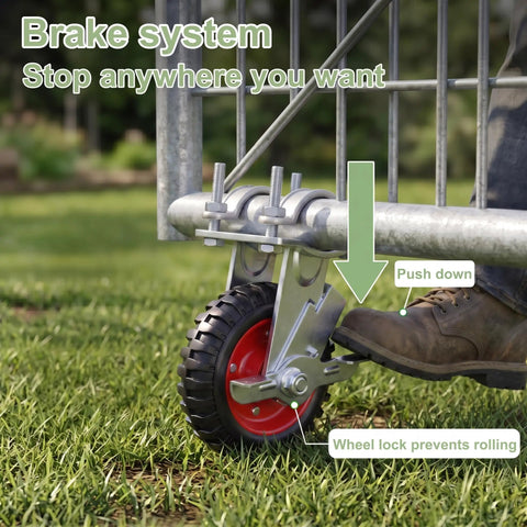 Six Inch Heavy Duty Tube Gate Wheel With Brake Red Galvanized Steel Caster, featuring foot brake system for secure stopping.