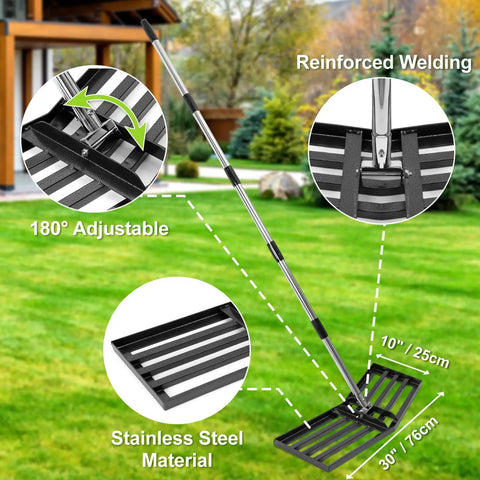 Angled Design Lawn Leveling Rake With 30 By 10 Inch Stainless Steel Head And 70 Inch Adjustable Handle For Quick Sand And Soil Leveling In Lawns Gardens Farms And Pastures No Nonsense Yard Work Tool showing adjustable handle and reinforced welding