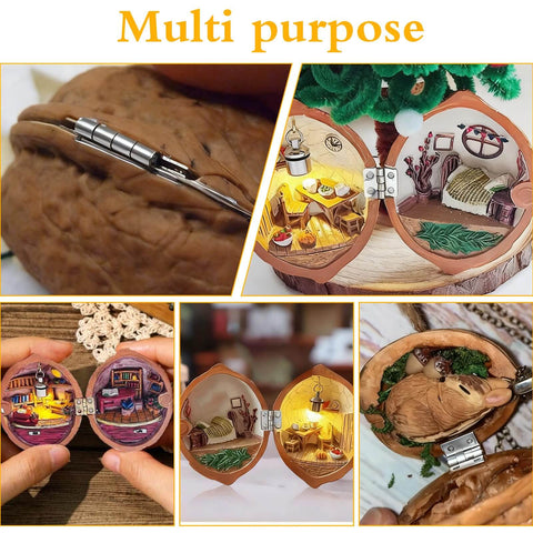 Multi-purpose miniatures using 100 pcs tiny silver hinges for crafts in walnut shells, showcasing various creative displays.
