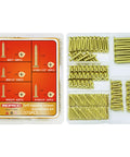 Hella Sturdy Brass Plated Wood Screw Assortment Kit Featuring Phillips Flat Heads And Drywall Compatible Self Tapping Design For Zero Sweat Indoor Outdoor Carpentry Build Out Projects 175 Piece Pack in clear storage case with assorted screws.