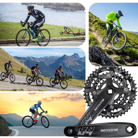 Cyclists on mountain trails and roads, featuring Beefy Square Taper Mountain Bike Crankset 170mm with various chainrings.