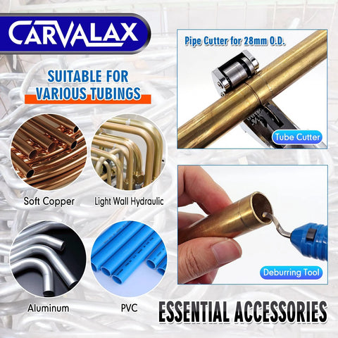 CAVALAX 90° ratcheting tube bender kit with 7 color-coded aluminum heads for 1/4–7/8 in pipes; tube cutter.