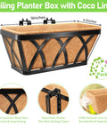 Front view of Two Pack 16 Inch Metal Railing Planters with Coco Liners showing size, metal construction, and adjustable hooks.