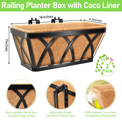 Front view of Two Pack 16 Inch Metal Railing Planters with Coco Liners showing size, metal construction, and adjustable hooks.