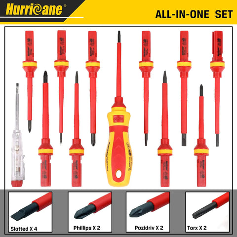 1000V Insulated Electrician Screwdriver Set, 13-Piece Pro Grade Magnetic Chrome-Vanadium Steel With Slotted, Phillips, Pozidriv And Torx Bits, Includes Electroprobe And Removable Handle, VDE And GS Certified For Safe Electrical Work