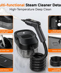 Primiorix 1500W Pressurized Steam Cleaner In Black with a 1600ml water tank and flexible 1.5-meter hose for deep cleaning.