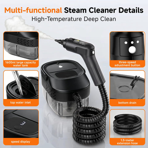 Primiorix 1500W Pressurized Steam Cleaner In Black with a 1600ml water tank and flexible 1.5-meter hose for deep cleaning.