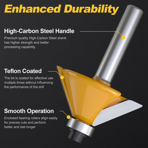 Close-up of a high-carbon steel handle with a teflon-coated bit from the 15 Piece Router Bit Set With 1/4 Inch Shank Pro Grade Tungsten Carbide Construction For Woodworking Includes Straight Bits 1/8, 1/4, 1/2, 5/8 Inches, Flush Trim Bit, And 90 Degree V-Groove Cutter For Clean, Smooth Cuts