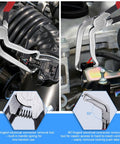 Heavy Duty 11 Piece Electrical Disconnect Pliers And Wire Stripper Kit With Hose Clamp Tool, 60° angled removal tool in use.
