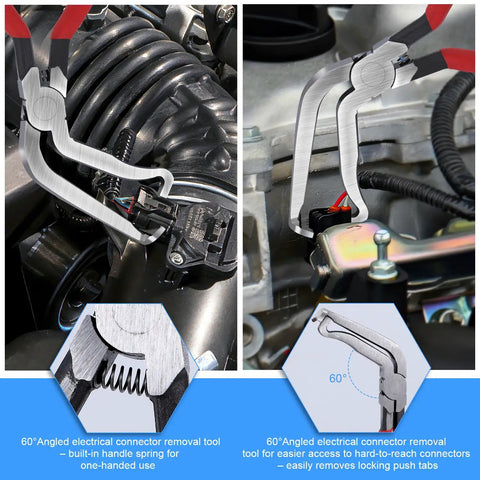 Heavy Duty 11 Piece Electrical Disconnect Pliers And Wire Stripper Kit With Hose Clamp Tool, 60° angled removal tool in use.