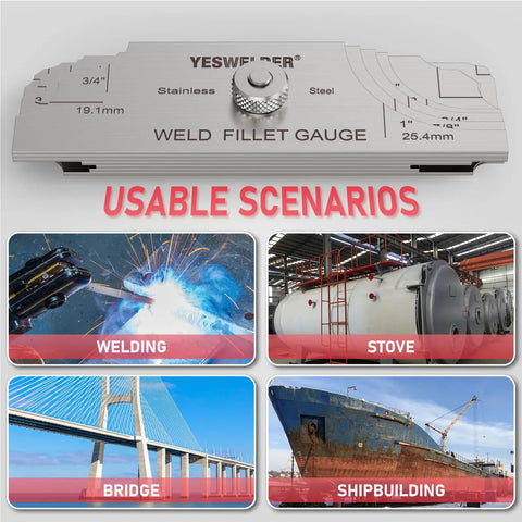 Metal Weld Fillet Gage Set 7 Piece For Fillet Leg And Throat Size Check One Eighth To One Inch With Metric And Imperial Increments Readable Gauges For Welding Inspection And Quality Assurance Pro Grade with examples of welding, stove, bridge, and shipbuilding scenarios.