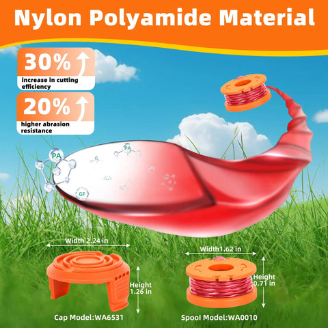 Nylon Polyamide Material Trimmer Spool Line Kit, dimensions labeled, showing Cap Model WA6531 and Spool Model WA0010.