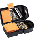 Open case showing Titanium Drill Bit Set With M35 High Speed Steel HSS For Steel Alloy Aluminum and Other Hard Metals 29 Piece Kit