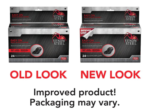Old and new packaging of Rugged Boot And Shoe Covers That Slip On Easy And Fit Over Boots Tough As Nails Material With Soft Nonwoven Fabric