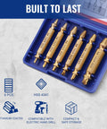 Pro Grade Heavy Duty 6 Piece Stripped Screw Extractor Kit With Titanium Coated Extractors And HSS Reverse Drill Bits In Portable Case For Damaged Screws And Broken Bolts in a blue case, on a table.