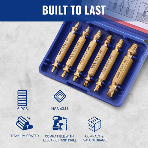 Pro Grade Heavy Duty 6 Piece Stripped Screw Extractor Kit With Titanium Coated Extractors And HSS Reverse Drill Bits In Portable Case For Damaged Screws And Broken Bolts in a blue case, on a table.