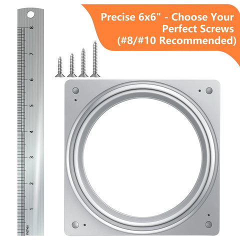 Heavy Duty 6 Inch Square Lazy Susan Bearing For Smooth Rotation Zinc Plated Rust Resistant Turntable Hardware Low Profile Design For Kitchen Cabinets Shelves And DIY Projects 500 Lb Capacity, shown with ruler and screws.