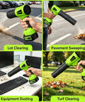 Cordless Leaf Blower With Battery And Charger, 2-Pack 20V Batteries Included, Turbo 180 MPH Airflow shown in various uses: lot, pavement, and turf clearing, equipment dusting.
