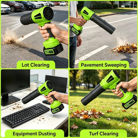 Cordless Leaf Blower With Battery And Charger, 2-Pack 20V Batteries Included, Turbo 180 MPH Airflow shown in various uses: lot, pavement, and turf clearing, equipment dusting.