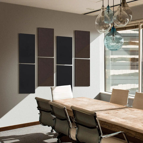 Heavy Hitter Four Pack Acoustic Panels Two Inch Thick Soundproof Fiberglass Wall Tiles mounted in a modern office conference room.