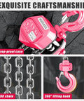 Pink Mini Lever Hoist Half Ton 1100 Lbs Capacity with G80 Chain and Dual Brake, featuring drop-proof case and 360° lifting hook