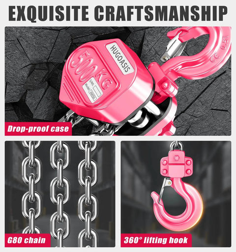Pink Mini Lever Hoist Half Ton 1100 Lbs Capacity with G80 Chain and Dual Brake, featuring drop-proof case and 360° lifting hook