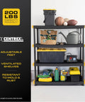 4-Tier Heavy Duty Plastic Garage Storage Shelves For No-Fuss Organization And Space Saving, Rugged Multi Shelf Rack To Tidy Tools, Gear, And Containers, Easy Assembly, Ideal For Workshop Or Home Garage, 200 lbs per shelf, adjustable feet