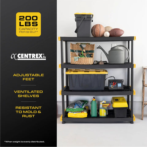 4-Tier Heavy Duty Plastic Garage Storage Shelves For No-Fuss Organization And Space Saving, Rugged Multi Shelf Rack To Tidy Tools, Gear, And Containers, Easy Assembly, Ideal For Workshop Or Home Garage, 200 lbs per shelf, adjustable feet