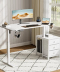 This 55 inch white electric standing desk features smooth height adjustment and handy drawers for sleek office storage in a modern workspace.