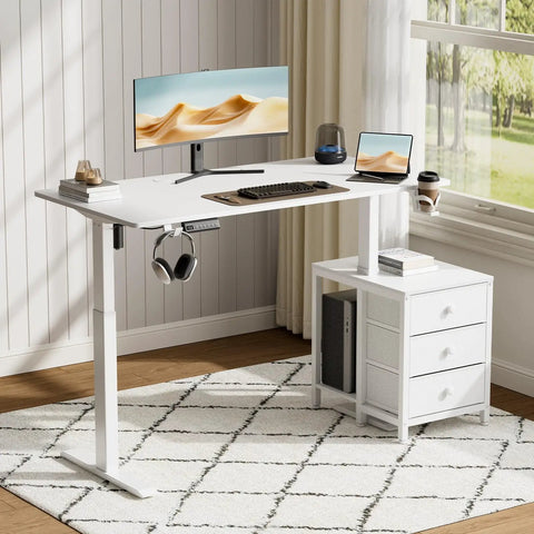 This 55 inch white electric standing desk features smooth height adjustment and handy drawers for sleek office storage in a modern workspace.