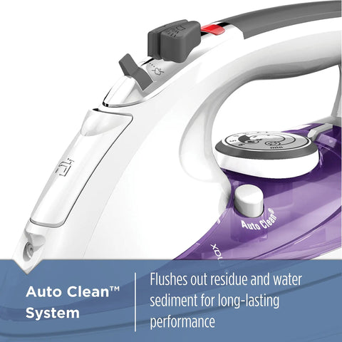 Close-up of Pro Grade Steam Iron With Stainless Steel Soleplate Extra Long Cord AntiDrip Tech Auto Clean System Variable Steam And Temperature Controls Purple Finish showing controls and Auto Clean System