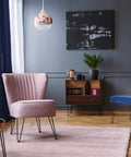 Room setup with pink chair, blue bench, cabinet, and table using 22 Inch Hairpin Leg Set For Coffee Tables Desks Nightstands And More Heavy Duty Satin Black Metal Two Rod Legs 3 Eighth Inch Dia Mid Century Modern Style DIY Ready For Rustic Industrial Projects.